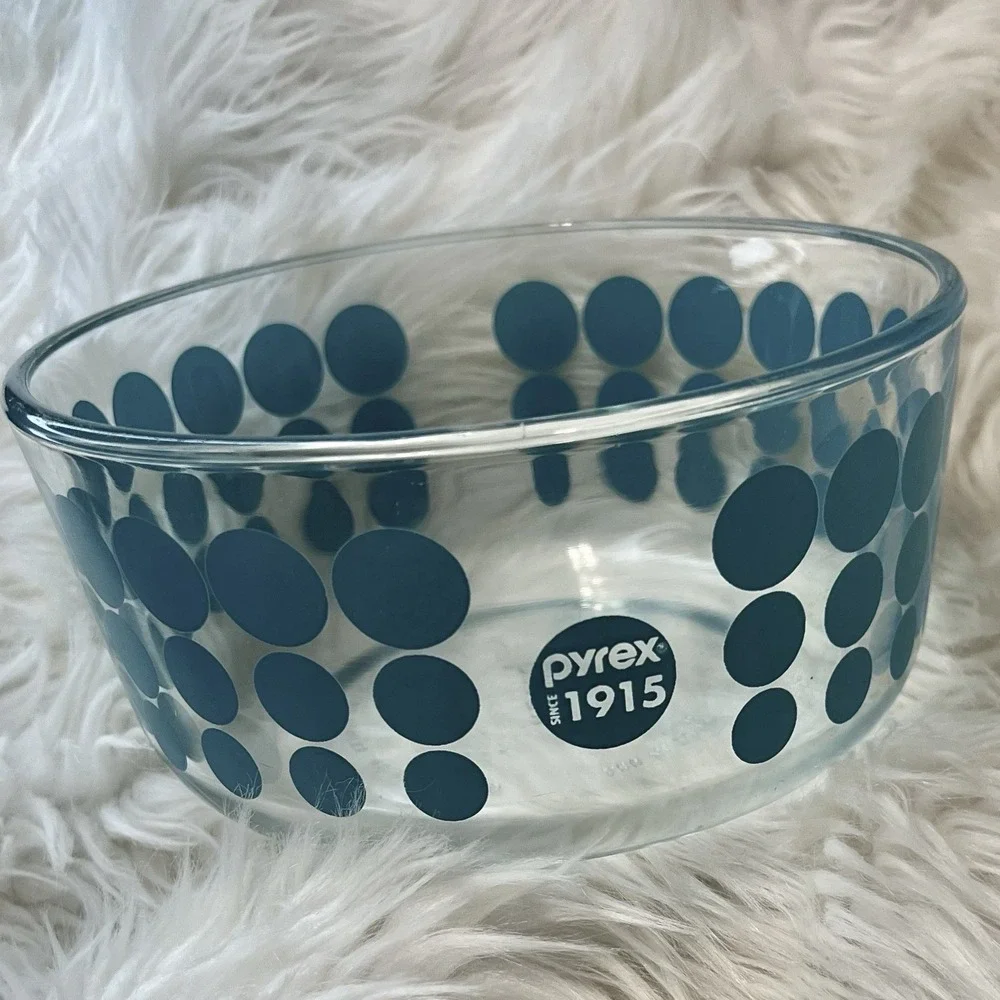 Pyrex 4 Cup Glass Storage Bowl Teal Blue Polka Dot Dotty Clear Round Made in USA